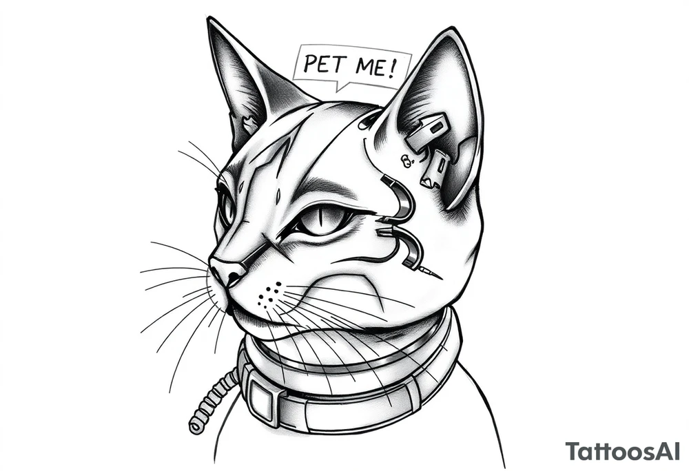 Cybernetic Cat with a Holographic CollarA sleek, cyberpunk cat with one glowing eye and mechanical enhancements.A floating AR display above its head showing "PET ME?"Whiskers made of thin fiber-optic cables. tattoo idea