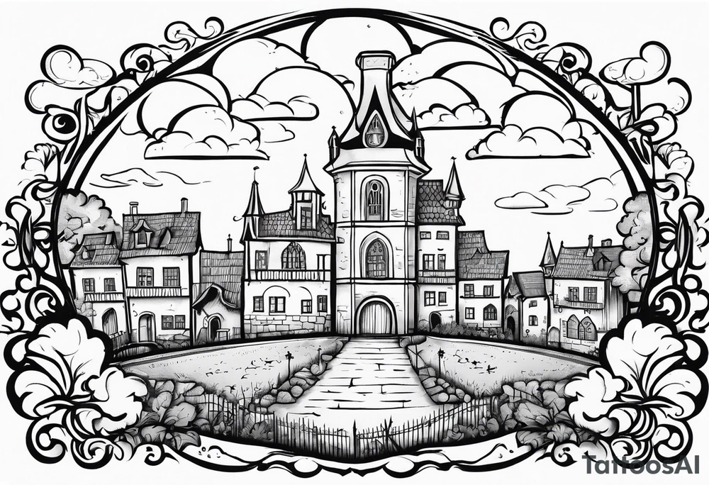 sacred medieval town houses open gate towers garden circle vignette surrounded by clouds tattoo idea