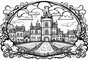 sacred medieval town houses open gate towers garden circle vignette surrounded by clouds tattoo idea