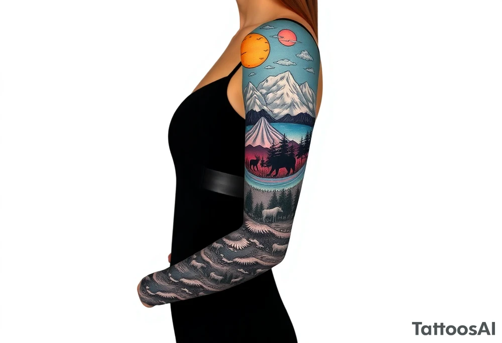 A full-sleeve with the Härjedalen landscape, reindeer, bear, lakes, mountains (Helags), tattoo idea