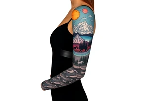 A full-sleeve with the Härjedalen landscape, reindeer, bear, lakes, mountains (Helags), tattoo idea