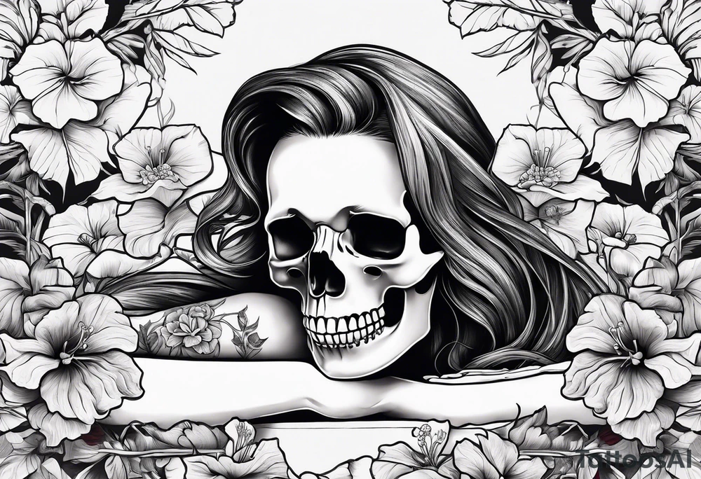 a  female skeleton of bones laying in a bed surrounded by hibiscus flower. tattoo idea