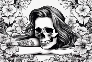 a  female skeleton of bones laying in a bed surrounded by hibiscus flower. tattoo idea
