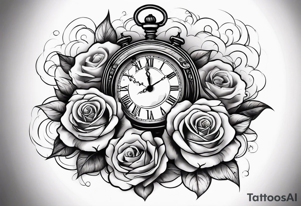 Arm tattoo with clock surrounded by clouds and a rose at the bottom tattoo idea