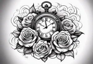 Arm tattoo with clock surrounded by clouds and a rose at the bottom tattoo idea