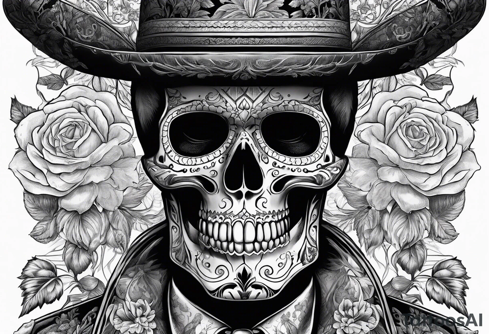skeleton in the suit with hat in mexican style, similar to santa muerte tattoo idea