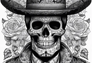 skeleton in the suit with hat in mexican style, similar to santa muerte tattoo idea