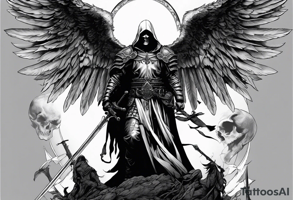 realistic full body of man angel of death, without face, holding sword, skulls on the ground tattoo idea