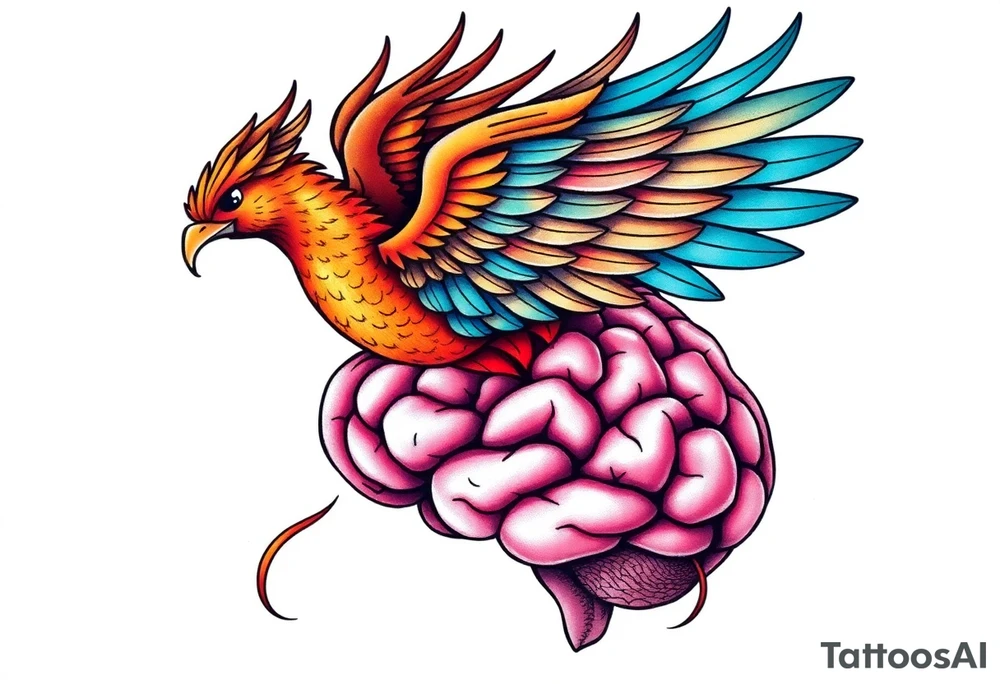 Colorful phoenix flying out of a brain with 3-16-24 tattoo idea
