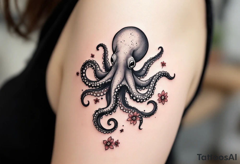 A small realistic black and grey tattoo of an octopus, cute, with detailed shading and soft linework, showing the octopus with swirling tentacles, on light skin. ornamental flowers around with red ink. The style is minimalistic and elegant, resembling fine-line tattoo with a shadow tattoo idea