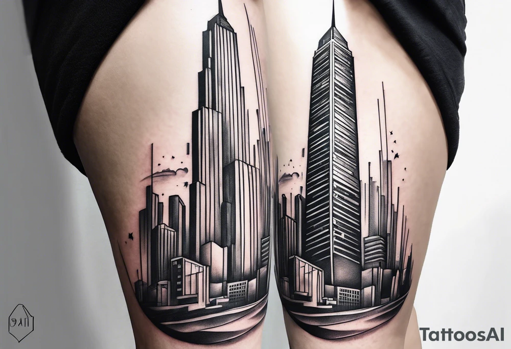 City with tall building leg sleeve tattoo idea