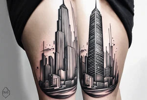 City with tall building leg sleeve tattoo idea