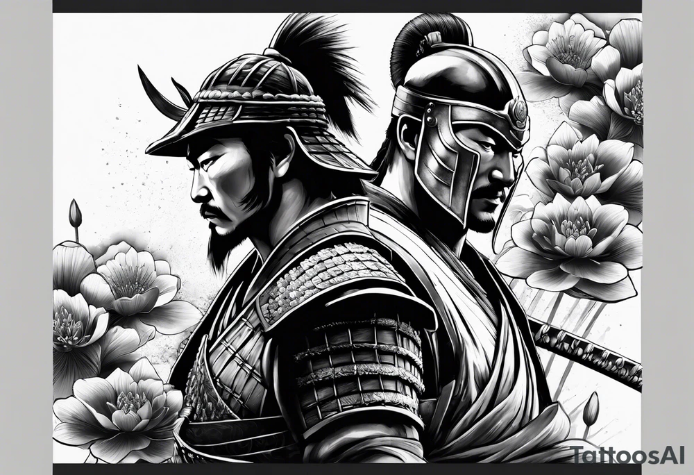 Samurai warrior and spartan warrior facing off, include lotus flowers in the background, both warriors should appear aggressive looking ready for battle,  turn this into a forearm sleeve tattoo idea