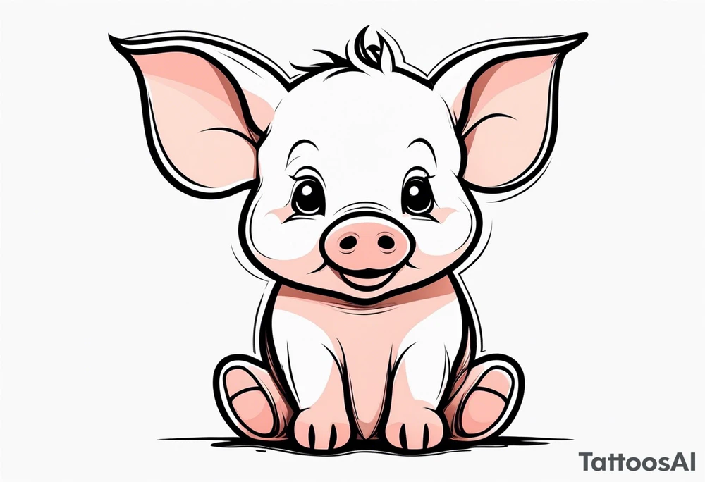 cute piglet sitting on bum. thin lines minimal shading, black and white only tattoo idea