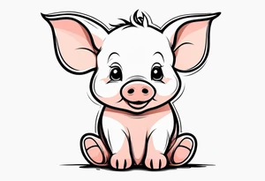 cute piglet sitting on bum. thin lines minimal shading, black and white only tattoo idea