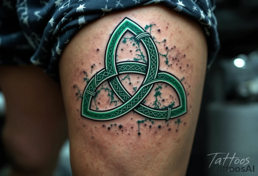 A bold Celtic triskelion in deep emerald green, with intricate knotwork woven into each spiral, symbolizing eternal growth and balance. tattoo idea