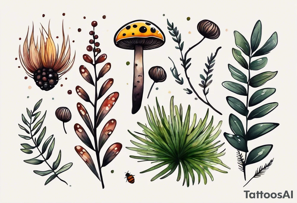 forest floor inspired minimalist tattoo, which includes grass, curly ferns, moss and dead leaves as the bulk of the tattoo. details to include: forest berries, a tiny bumblebee flying nearby, three small brown mushrooms
Generate a vertically long one tattoo idea