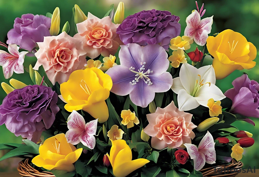 Humingbird made out of Carnation, Snowdrop, Violet, Primrose, Daffodil, jonquil, Lily of the Valley, Hawthorne, Rose, Honeysuckle, Larkspur, Water Lily, Gladiolus & Poppie, Aster, Morning Glory, Chrysanthemum,  Peony, Holly, Narcissus tattoo idea