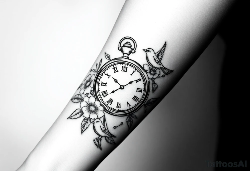 Pocket watch , surrounded by floral ornaments and birds tattoo idea