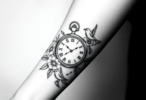 Pocket watch , surrounded by floral ornaments and birds tattoo idea