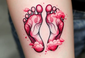 Deep red and pink footprints of little Viktor, with soft clouds floating nearby to symbolize his dreamy personality. tattoo idea