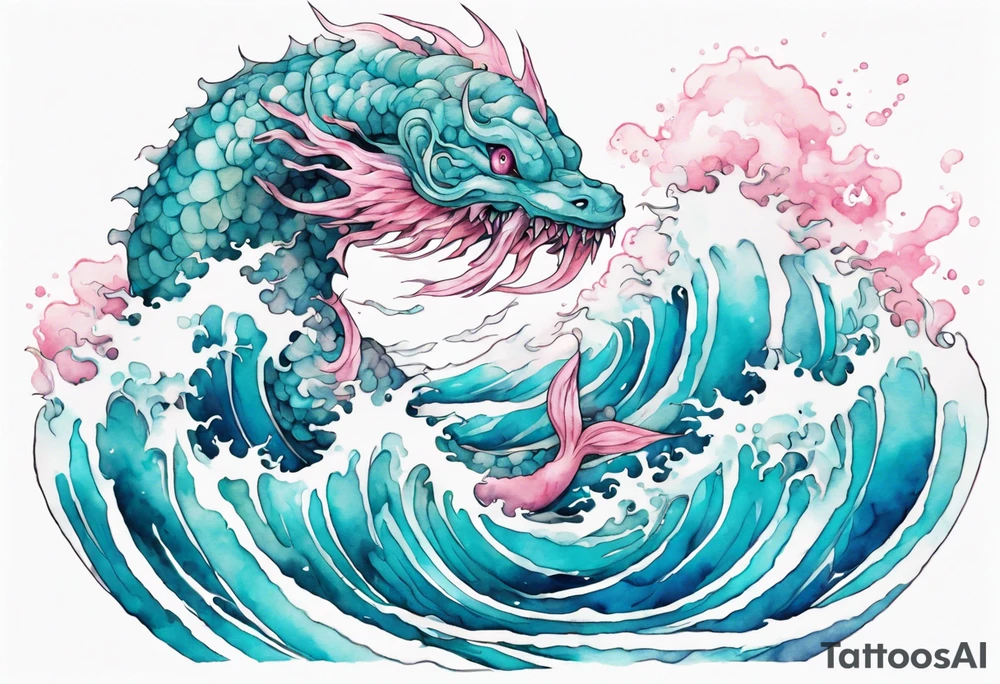 a beautiful turquoise and white and pink Leviathan rising from the blue waves of the ocean tattoo idea