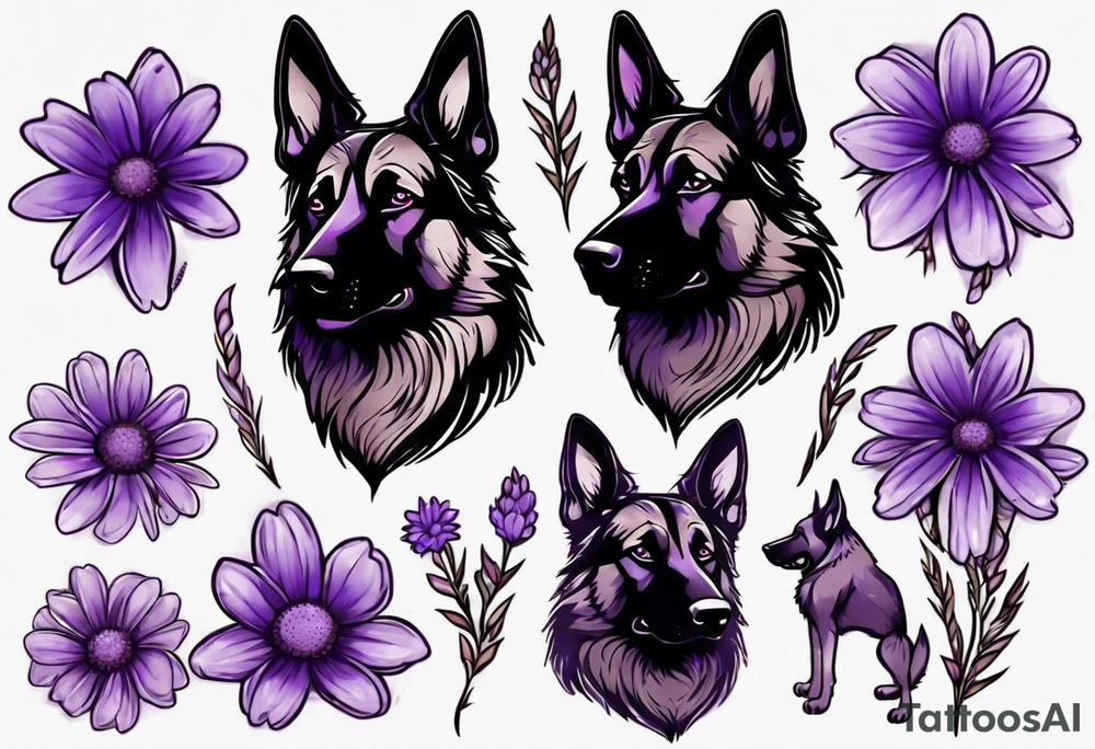 Dark brown German Shepherd with purple daisies tattoo idea