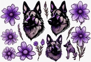 Dark brown German Shepherd with purple daisies tattoo idea