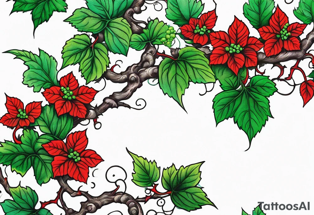 Poison oak vines with red a green coloration to wrap around leg and hips tattoo idea