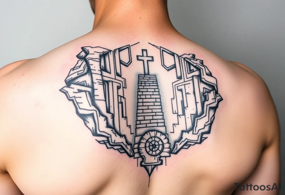Black and grey sleeve of a labrynth of stairs tattoo idea