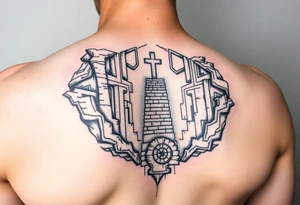 Black and grey sleeve of a labrynth of stairs tattoo idea