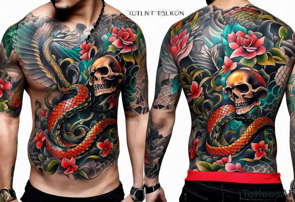 snake sleeve tattoo with skull tattoo idea