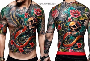 snake sleeve tattoo with skull tattoo idea