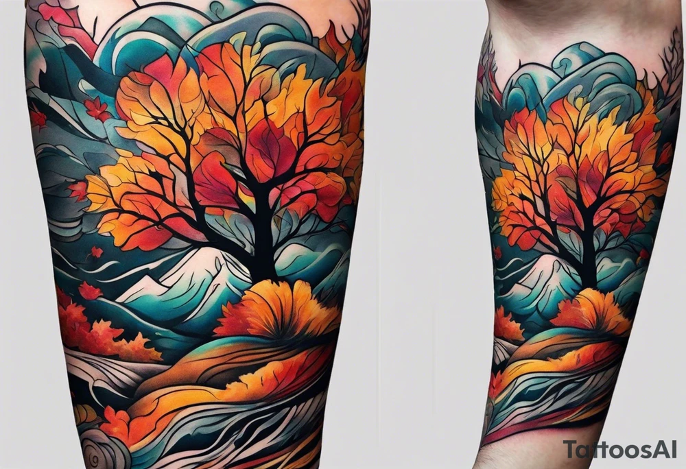 Arm Sleeve Tattoo with fall colors flat tattoo idea