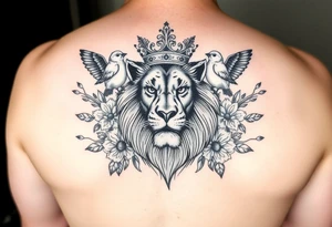 powerful majestic lion with a crown, surrounded by floral ornaments and birds tattoo idea
