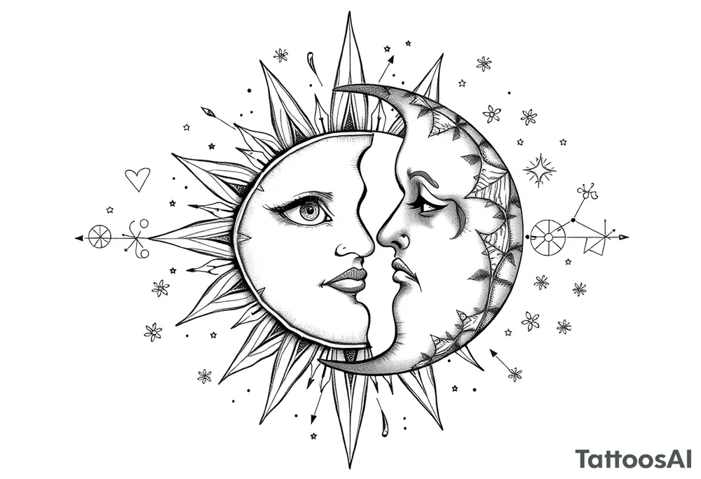 celestial sun and moon embrace with constellation patterns tattoo idea