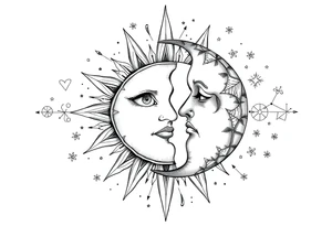 celestial sun and moon embrace with constellation patterns tattoo idea