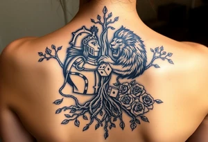 knight and Lion intertwined with tree roots and roses rolling dice tattoo idea