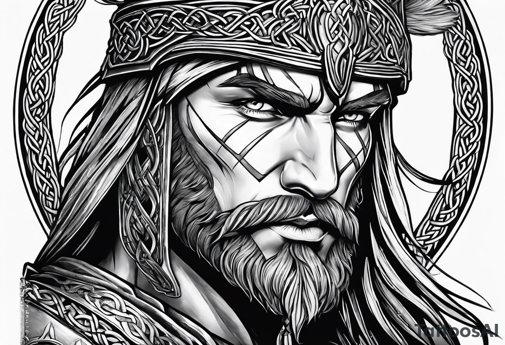 Celtic warrior facing side with weapons drawn tattoo idea