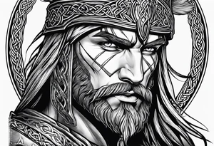 Celtic warrior facing side with weapons drawn tattoo idea