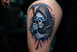 A blue-hued Grim Reaper with crystal eyes, gripping a frost-covered scythe. tattoo idea