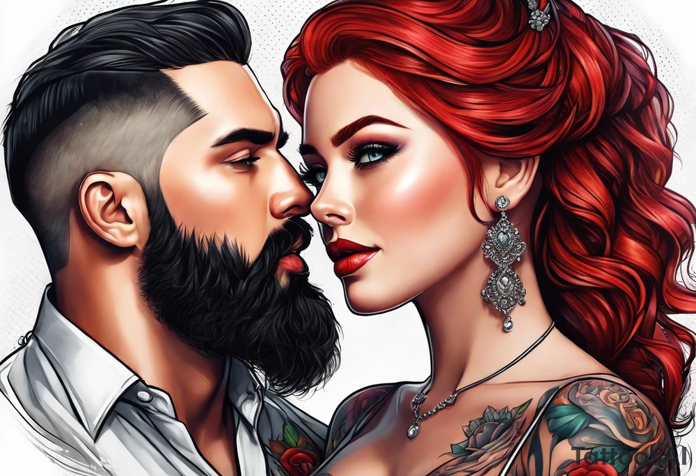 Busty red haired woman with a bearded man who has black hair getting married tattoo idea