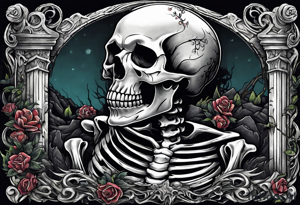 Skeleton crawling out of grave. 
MIW Reincarnate written on gravestone tattoo idea