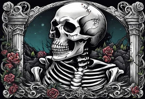 Skeleton crawling out of grave. 
MIW Reincarnate written on gravestone tattoo idea