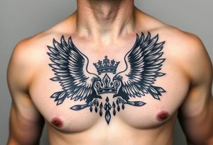 Chest tattoo,powerful two polish symetricals majestic darks eagles, surrounded by lure ornaments , between eagles a crown tattoo idea
