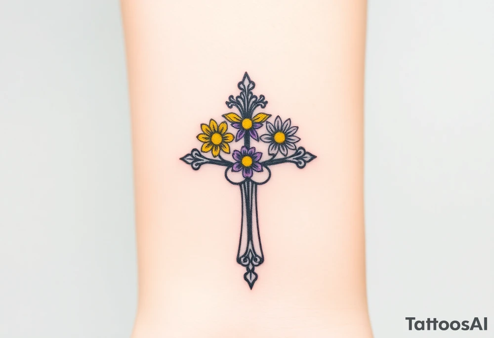 Yellow daisy Purple Hearts in heaven cross tattoo idea