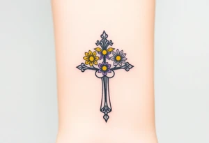 Yellow daisy Purple Hearts in heaven cross tattoo idea