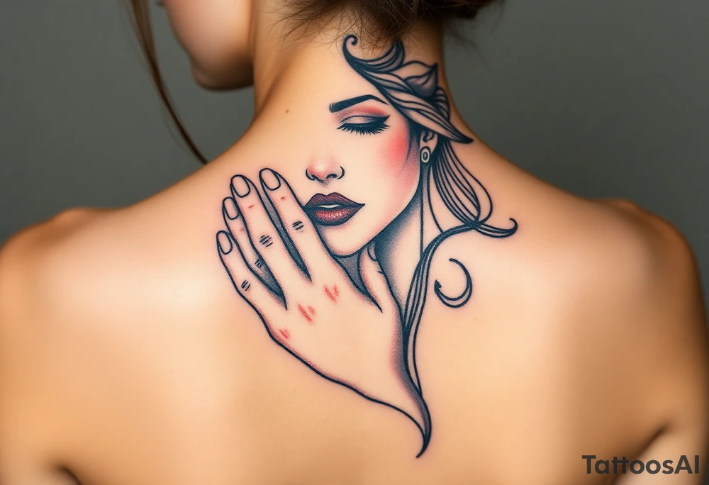 Mosaic style woman’s face with a hand around her throat tattoo idea