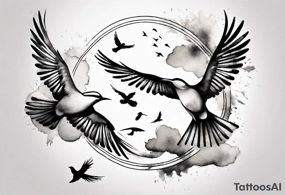 shoulder tattoo with light rays with birds flying free among the clouds, round shape, 3d effect tattoo idea