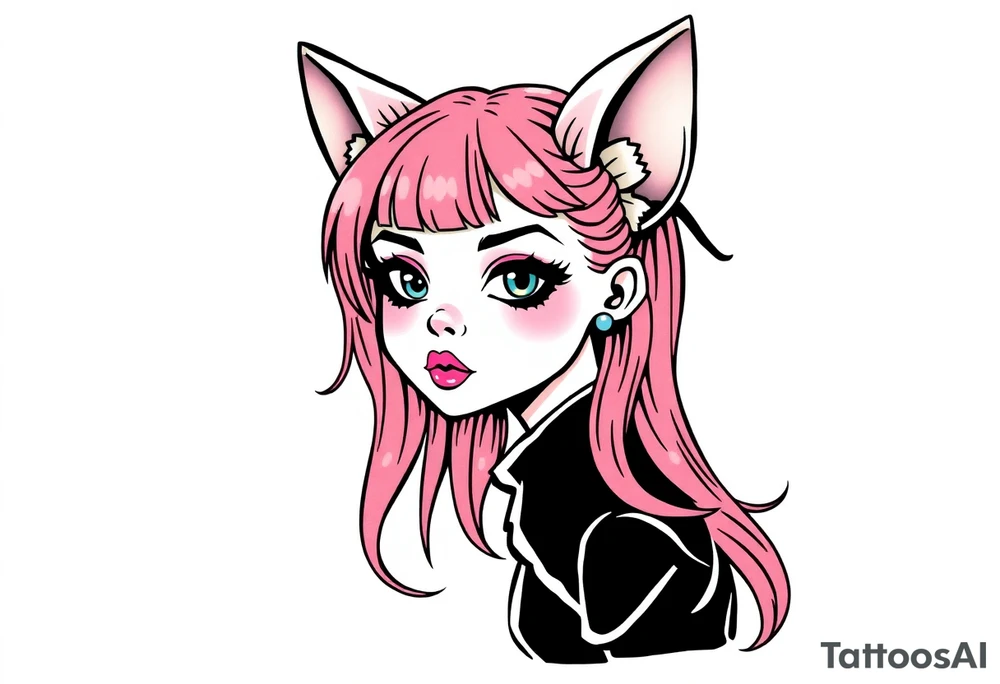 hot goth girl with puppy ears and with piercings on face and big boobs and big butt with black outfit on with pink hair tattoo idea